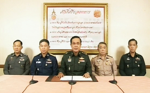 Thailand’s Army chief General Prayuth announces the coup on television on 22 May 2014. Source: SCMP