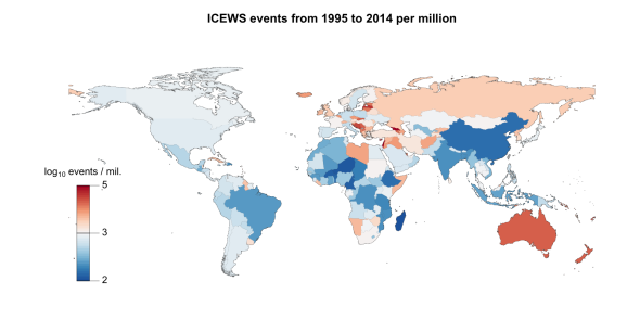 Total ICEWS events per capita, using 2013 WDI population figures.