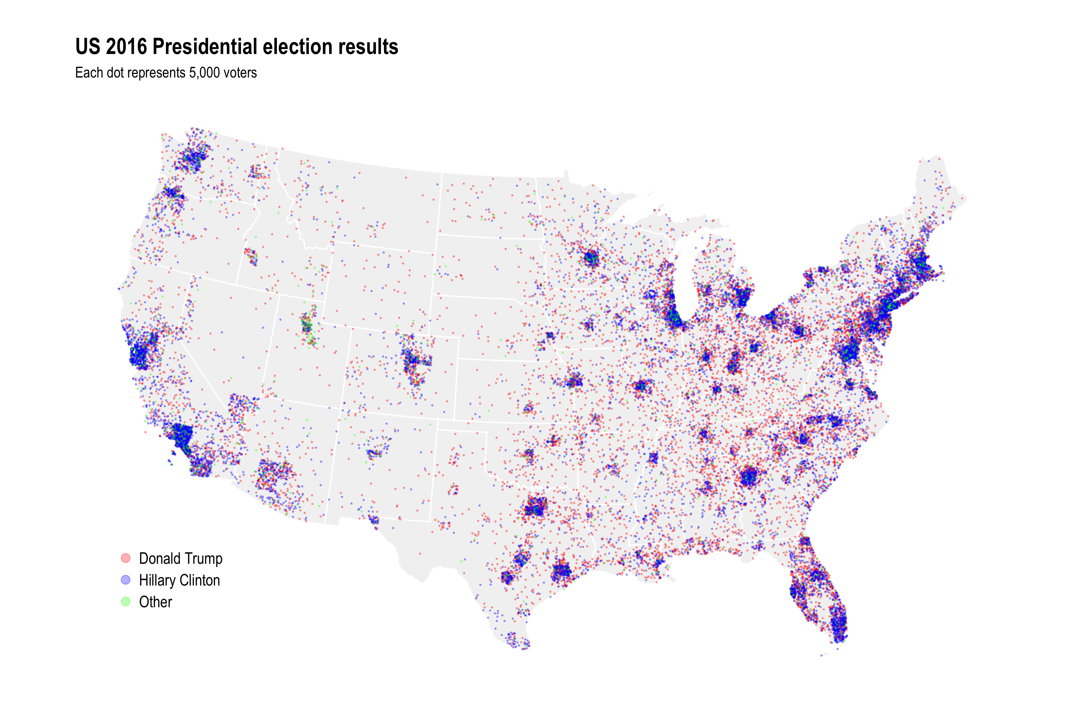 Dot density map of the 2016 presidential election results